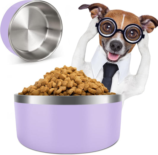 IKITCHEN Dog Bowl for Food and Water, 64 Oz Stainless Steel Pet Feeding Bowl, Durable Non-Skid Insulated Heavy Duty with Rubber Bottom for Medium Large Dogs (64 Ounces/8 Cup, Light Purple) - Pet Explorer