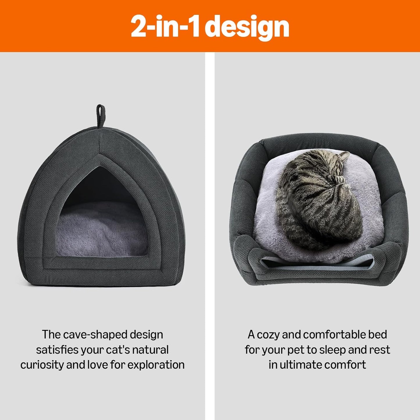 Amazon Basics Cat Cave Bed, 2-in-1 Foldable House for Indoor Cats, with Washable Cushion and Non-Slip Base, 15 x 15 Inches, Small - Pet Explorer