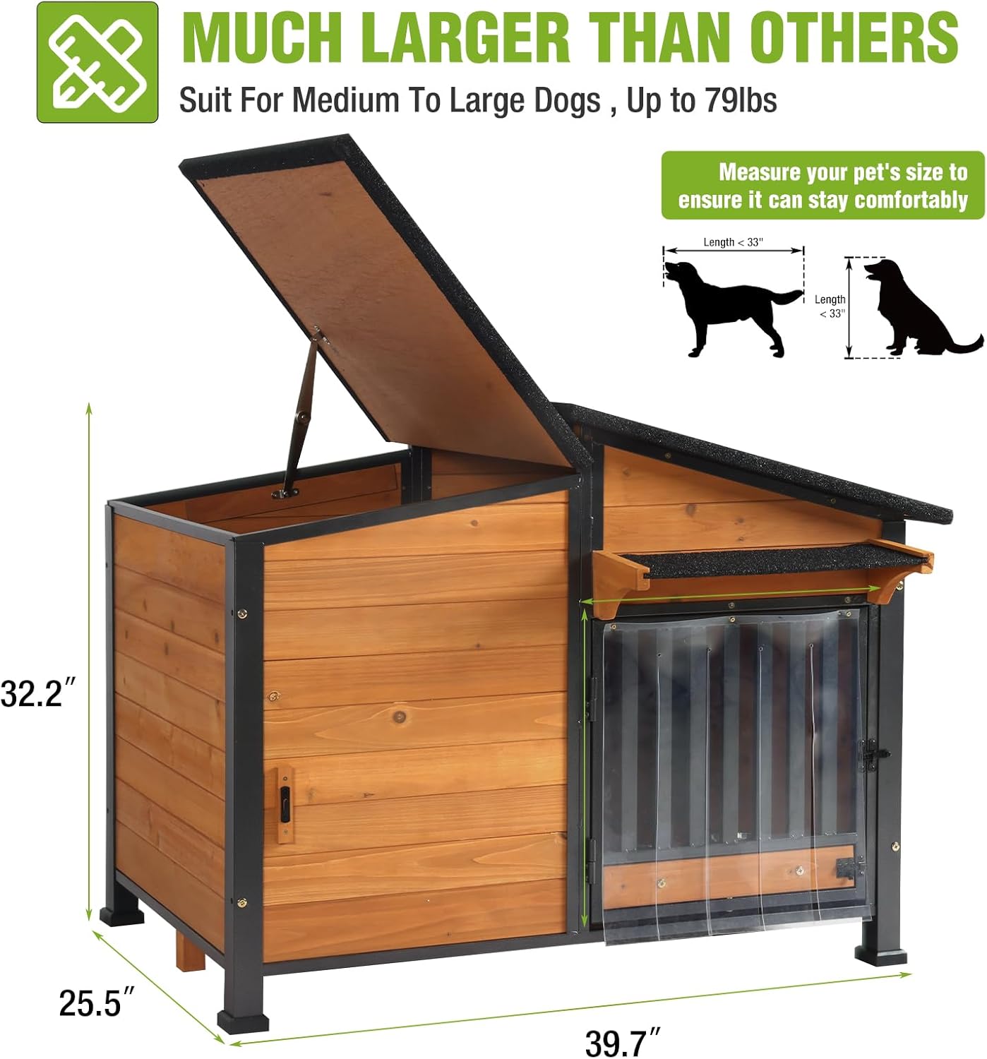 GUTINNEEN Dog House Outdoor Dog Kennel with Chew-Proof Metal Frame, Rotating Food Bowl, PVC Door Curtain, Weatherproof for Small Medium Dogs, 39.7" L x 25.5" W x 32.2" H (Dark Brown) - Pet Explorer