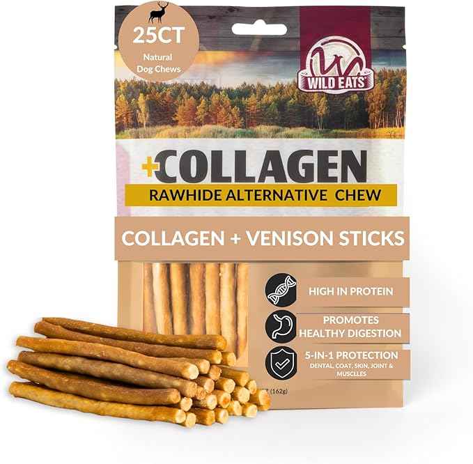 Wild Eats Venison Collagen Sticks for Dogs (25 Pack, 0.6 cm Wide) Long Lasting Dog Chews No Hide Dog Treat Bully Stick Alternative, Rawhide Free, Grain Free, High Protein
