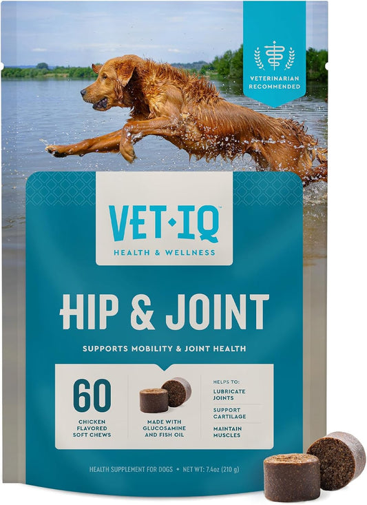 VetIQ Hip & Joint Supplement for Dogs, Anti Inflammatory Joint Support, Glucosamine, MSM, and Krill, Chicken Flavored Soft Chews, 60 Count - Pet Explorer