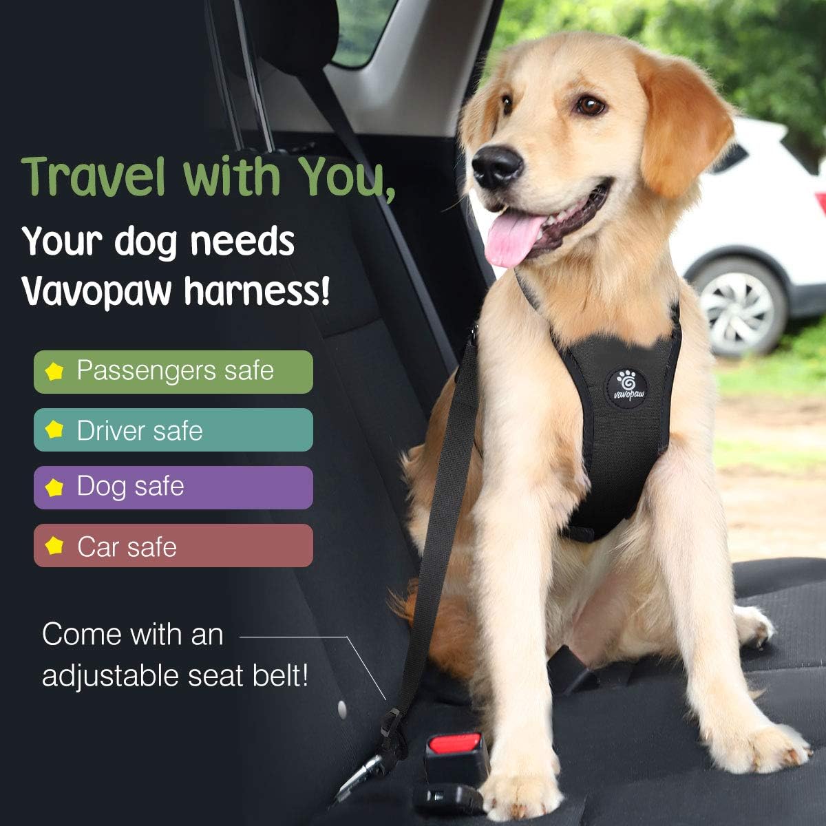 Dog Seat Belt, Safety Vest Dog Car Harness with Adjustable Buckle Dog Seat Belt for Vehicle Nylon Pet Safety Seat Belts Heavy Duty(M, Black) - Pet Explorer