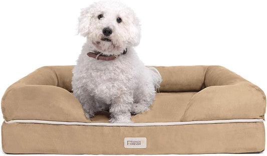Chester Large Dog Bed - Orthopedic Memory Foam Mattress, Calming Couch, Wall Rim Pillow, Water Resistant, Washable Cover, Non-Slip, Khaki Beige - Pet Explorer