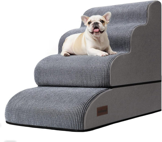 4-Step Dog Stairs and Ramp for Beds or Couches – Non-Slip Sturdy Pet Steps for Small Dogs and Cats,21" H,Grey - Pet Explorer