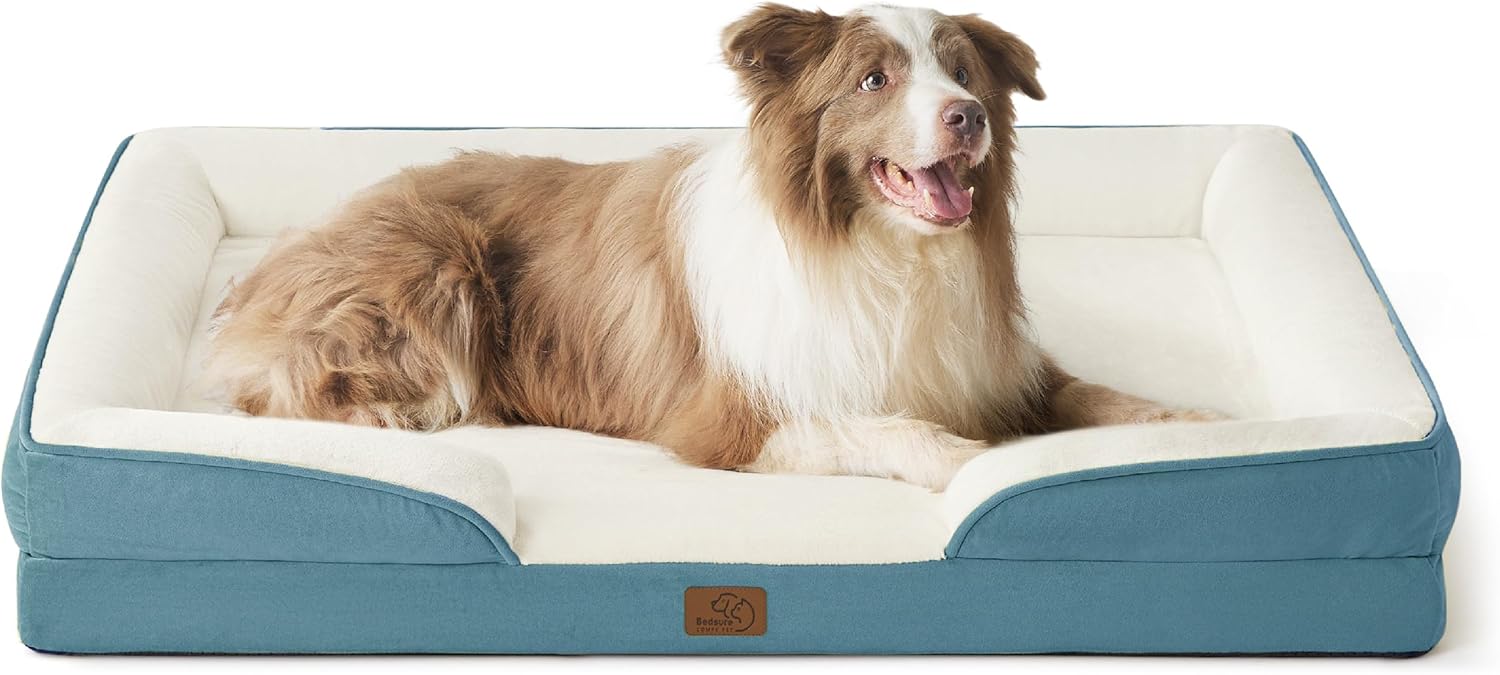 Bedsure L Plus Orthopedic Dog Bed for Large Dogs - Washable Dog Cat Bed Waterproof, L Plus Big Comfort Dogs Couch Sofa with Washable Removable Cover, Pet Bed with Nonskid Bottom, Dune Haze Blue, 38" - Pet Explorer