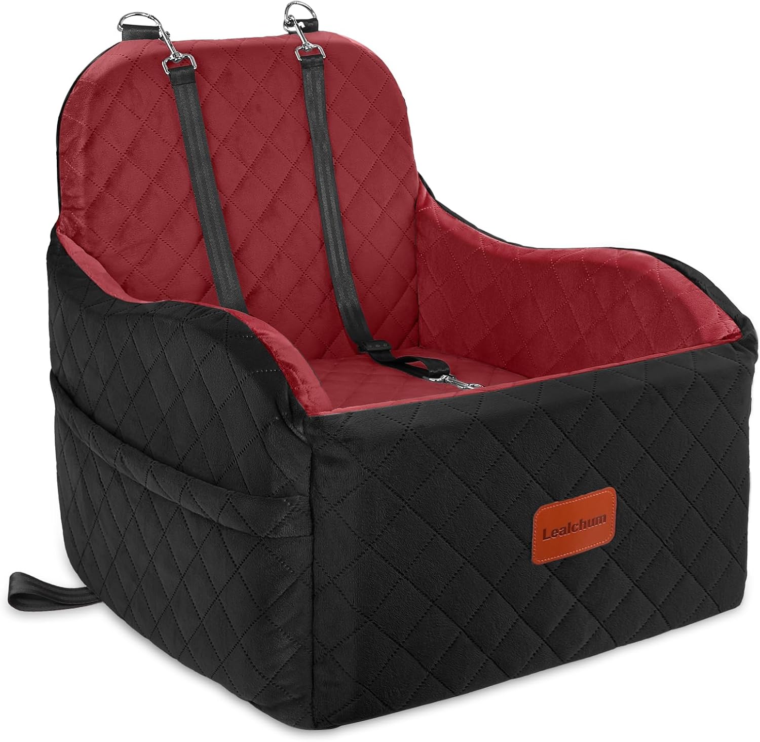 Dog Booster Car Seat for Small/Medium Dogs,Puppy Portable Car Bed with Elevated Cushion,Fully Detachable and Washable,2 Storage Pockets,Easy to Install (Blakc/Red, Medium) - Pet Explorer