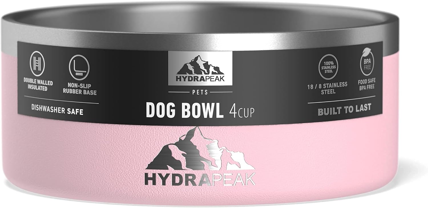 Hydrapeak Dog Bowl; Non Slip Stainless Steel; Water and Food Dish; Large Sized and Small Dogs; 32oz 64oz; Multiple Sizes; 4 Cup | Pink - Pet Explorer
