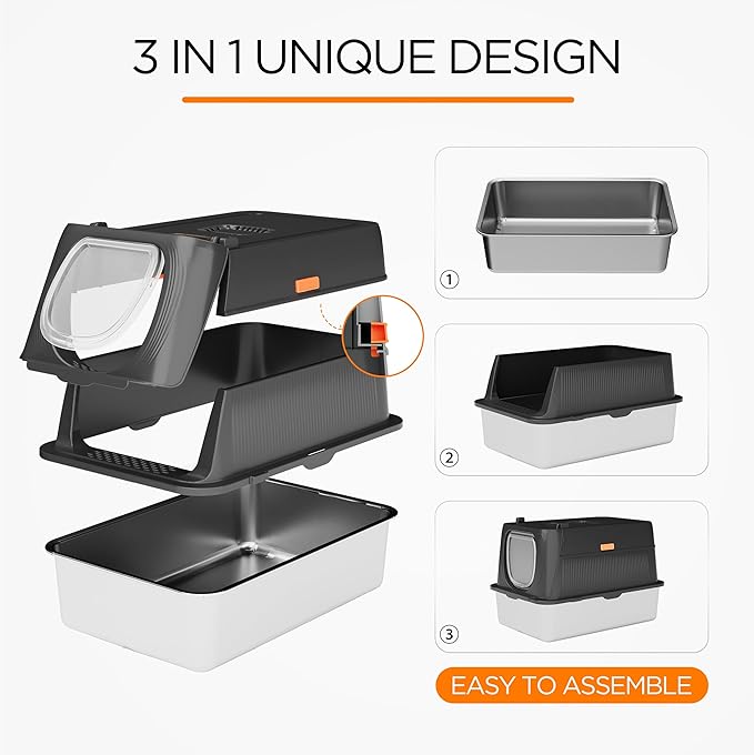 Citylife Stainless Steel Cat Litter Box with Lid, XL Extra Large Enclosed Removable Metal Litter Box with Litter Scoop&Double Layer Litter Mat, Non-Sticky, Non-Odor, Easy Cleaning, for Big Cats, Black