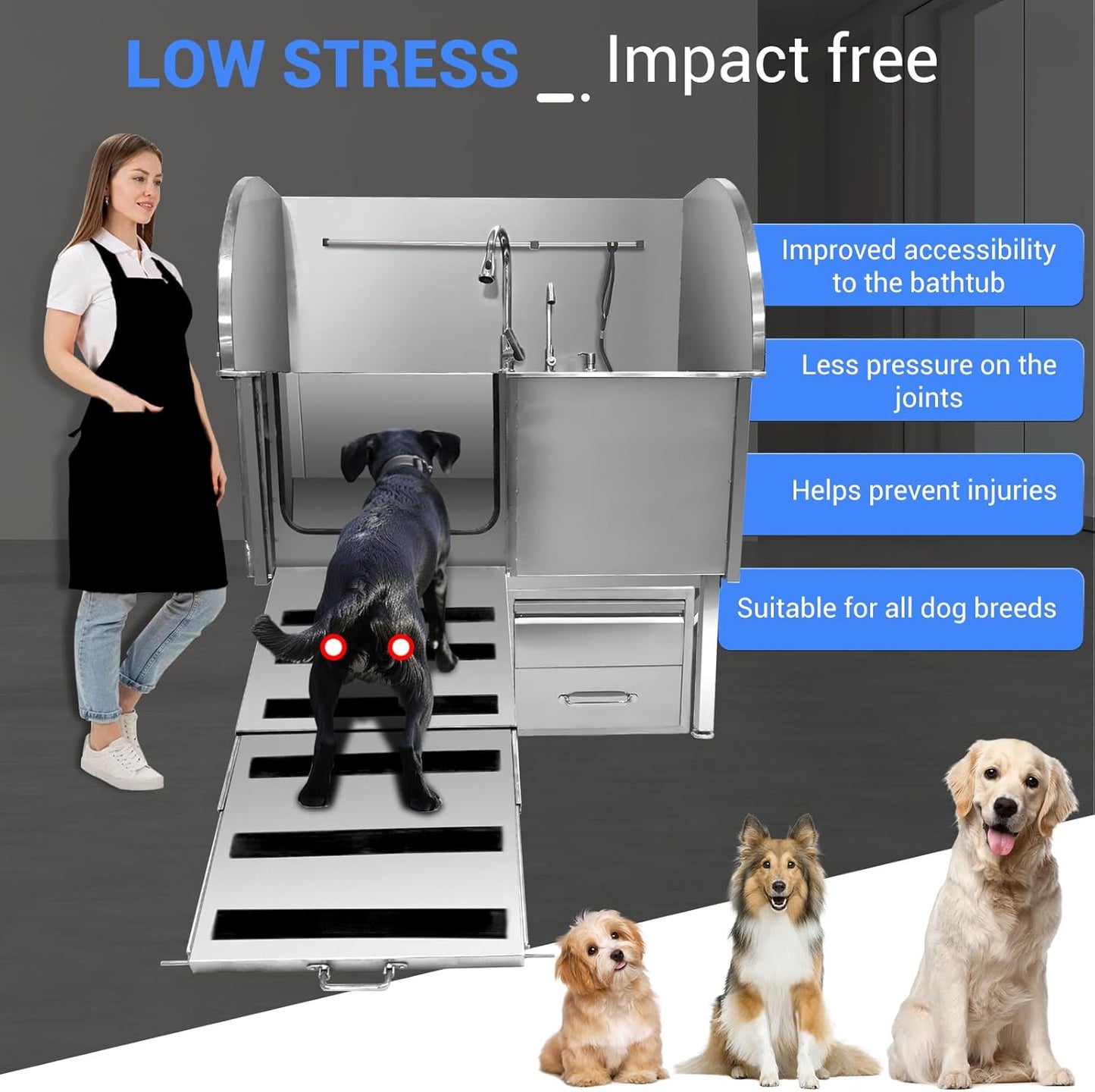 50" Dog Washing Station, Professional Stainless Steel Pet Dog Bathing Station with Ramp, Faucet, Storage Drawer, Floor Grate Dog Bathtub for Large, Medium, Small Pets (Right Ramp) - Pet Explorer