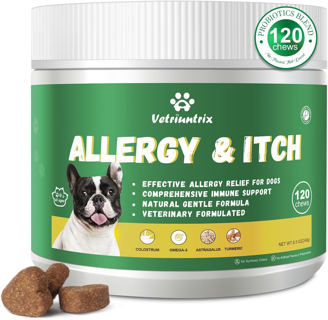 Dog Allergy Chews, Dogs Allergy Relief Chews for Paw Licking Itchy Skin Coat Supplement, Probiotics for Dogs with Colostrum Omega-3 Astragalus Immune Supplement-120ct
