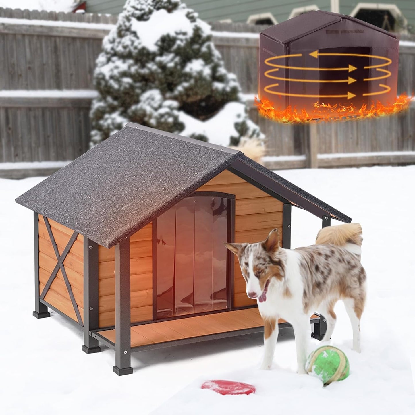 Outdoor Dog House,Weatherproof Wooden Dog Shelter for Medium and Large Sized Dogs,Iron Frame Indoor Outdoor Kennel,Pets Warm House in Winter with Large Porch (34.25"D x40.59"W x 31.5"H -IN) - Pet Explorer