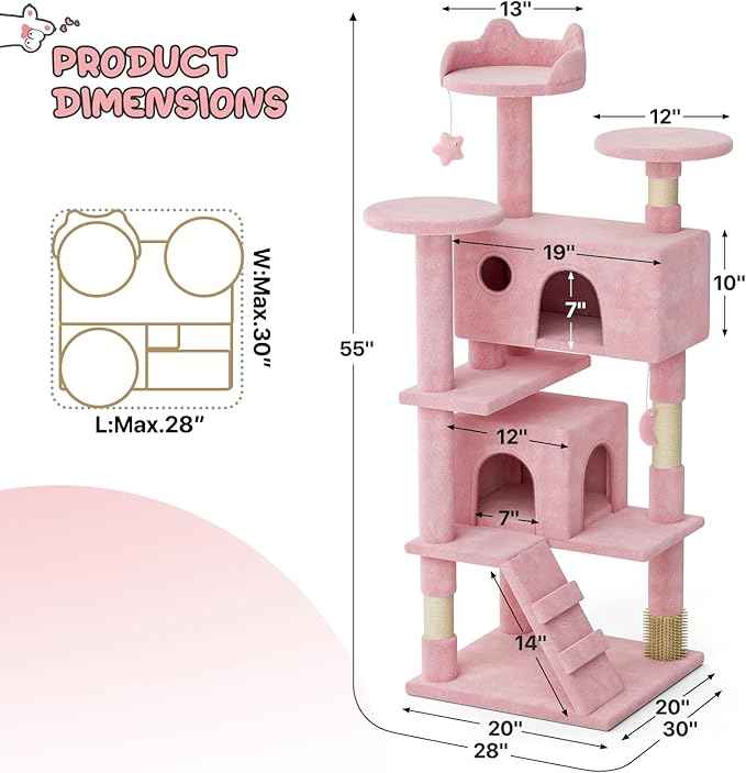 MoNiBloom 54 Inch Cat Tree Tower for Indoor Cats Large Adults, Pink Cat Tower with Scratching Post, Multi-Level Furniture Activity Center with Cat Condo Pet Play House, Soft Pink