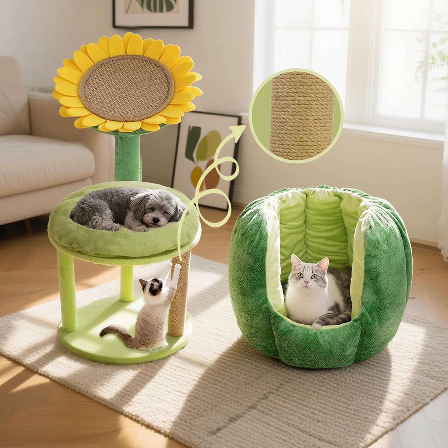 Cat Houses for Indoor Cats, Small Cat Tree with Sisal Mat and Plush Perch, Cute Cat Bed Cave with Soft Pillow, Sunflower Design - Pet Explorer