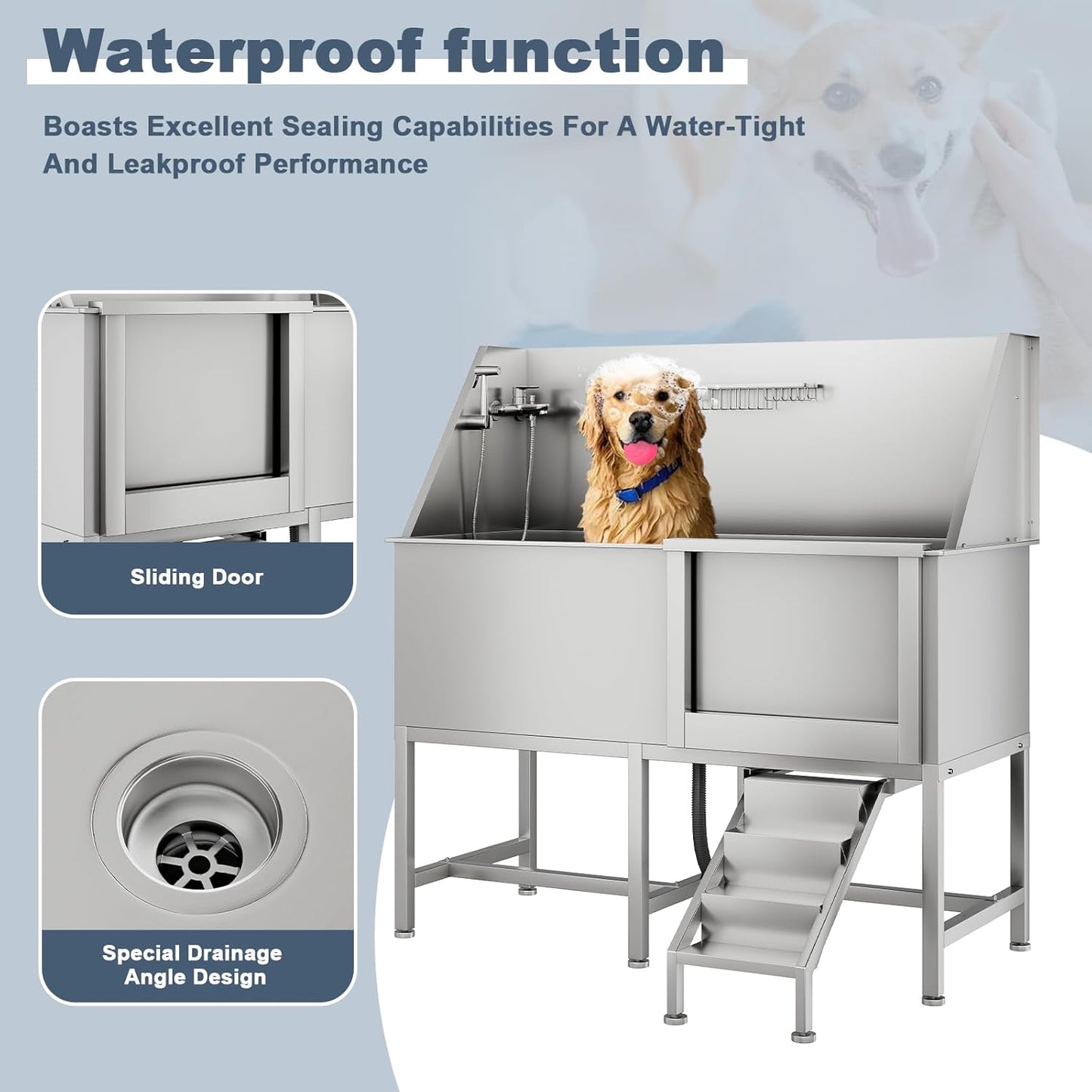 50" Pet Dog Bathing Station, Stainless Steel Dog Bathtub W/Ramp, Floor Grate, Dog Bath Brush, Washing Gloves for Home, Professional Dog Washing Station for Pets (50 Inch Right Door) - Pet Explorer