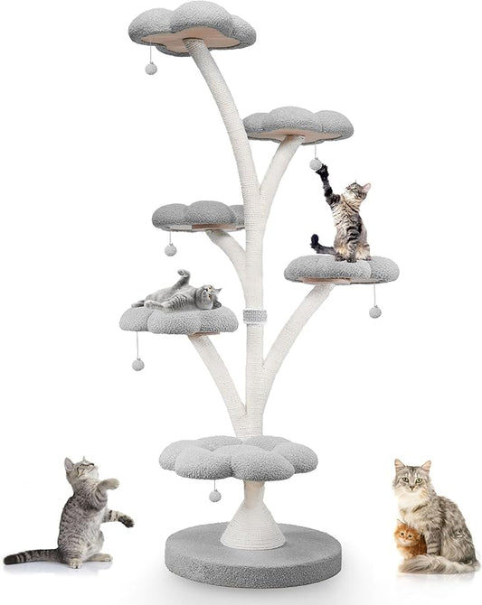 FKWin 71 Inch Tall Cat Tree, Flower Shape Scratching Post, Cat Scratcher, Cat Furniture for Indoor Cats, Kittens Pet House, Cat Bed with Hang Ball, Plush Cat Tower for Large and Small Cats(Gray)