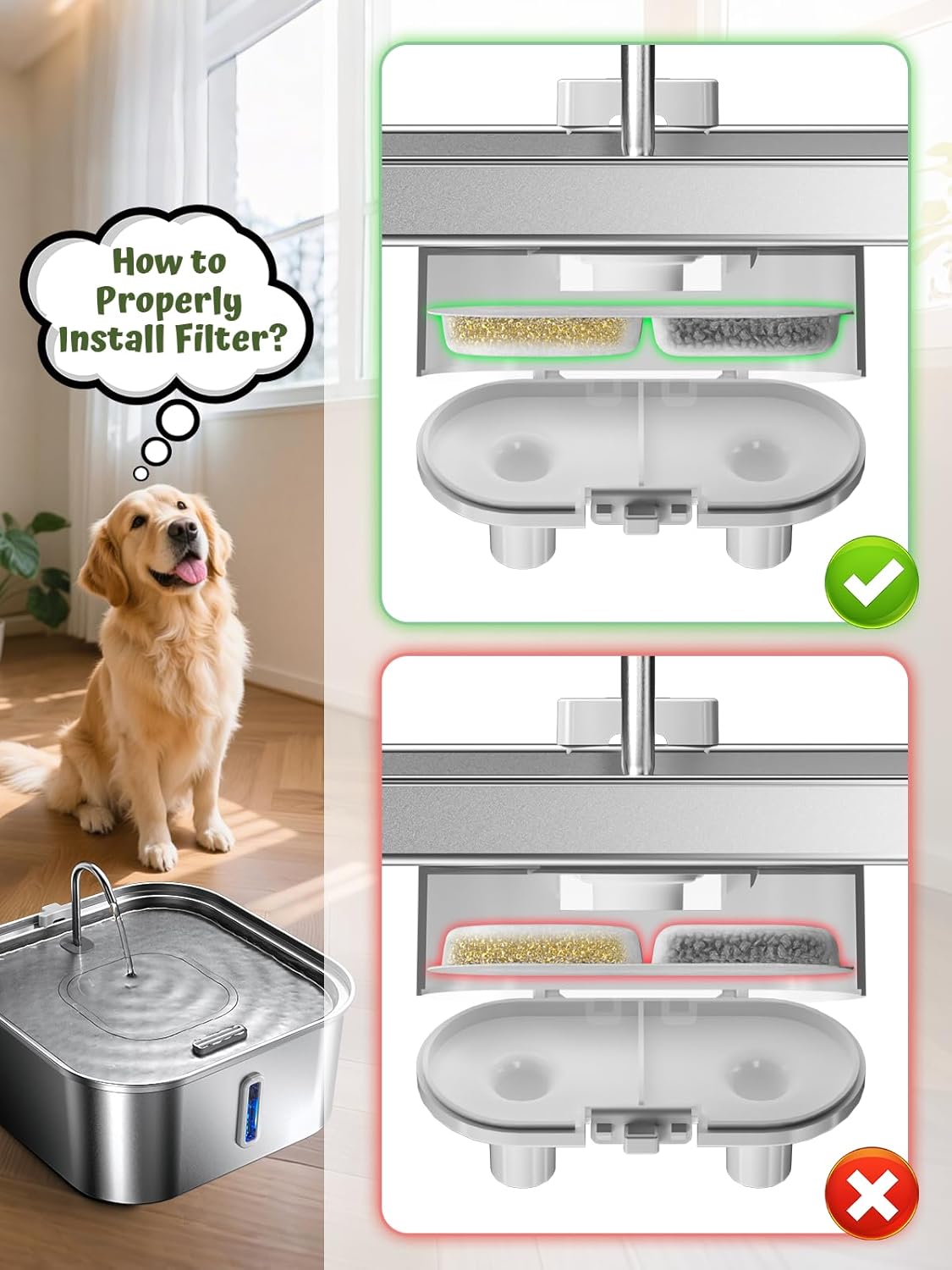 Large Dog Water Fountain 14L/3.7Gal, Stainless Steel Pet Fountain for Large Dogs and Multi-Pets, with Window & Extra Wide Drinking Area, Square Design Enlarges Capacity & Saves Space (Filters) - Pet Explorer
