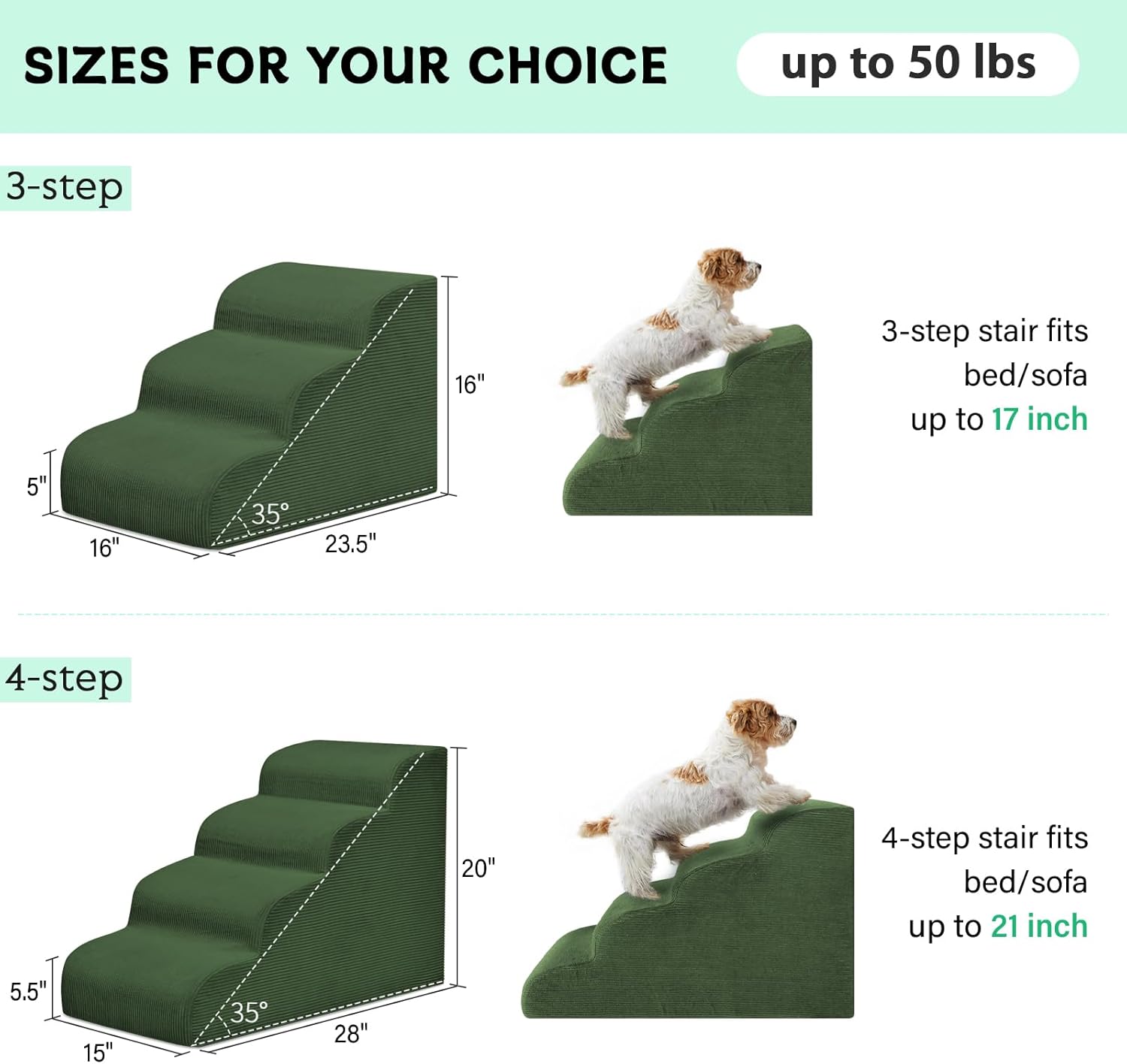 Dog Steps for Small Dogs, 3-Step Pet Ramp Stairs for High Beds and Sofa, Non-Slip Pet Stairs for Small Dogs and Cats, Removable and Easy to Clean Cover, Green - Pet Explorer