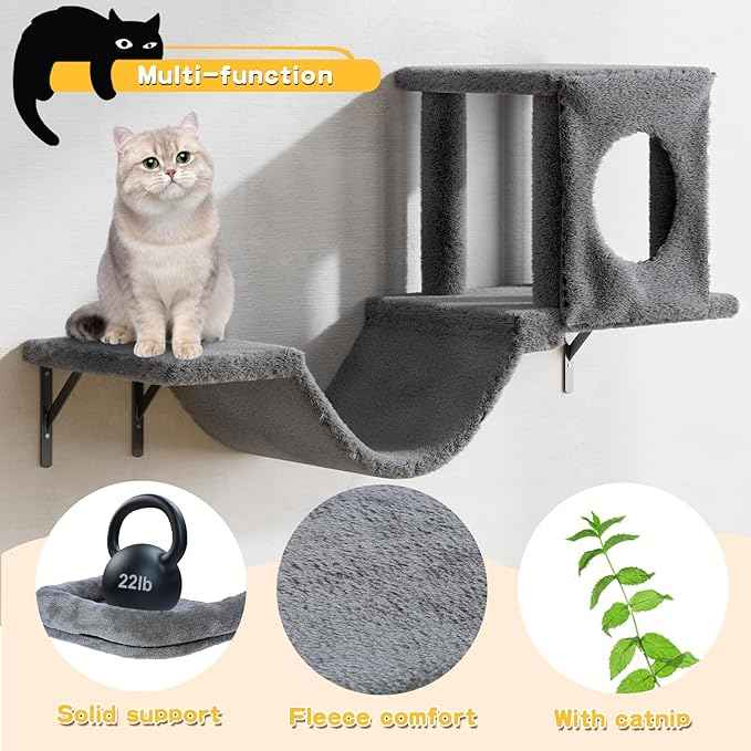 NUNU LAB Wall Mounted Cat Wall Shelves, 12-in-1 Cat Wall Climber with Condos House, Scratching Post, Bridge Ladder, Indoor Space-Saving Furniture for Kittens Play, Dark Gray