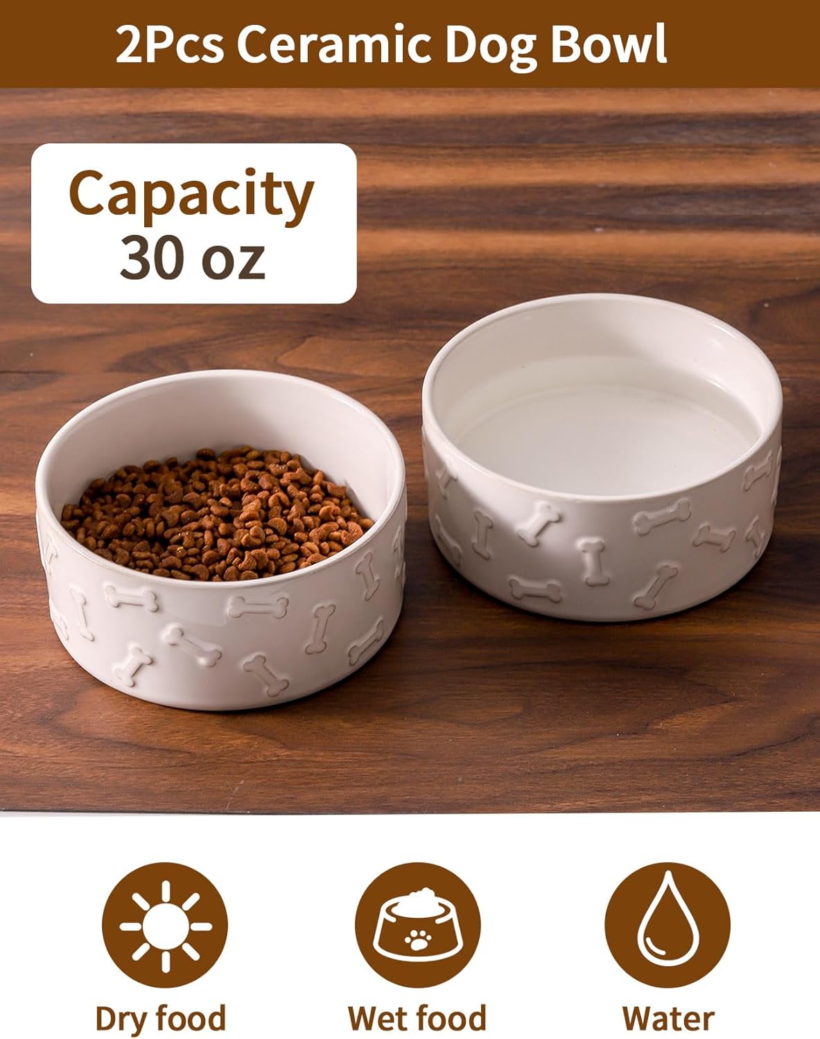 UBEE Ceramic Dog Food Bowl Set of 2, 6.1 inch Dog Bowls Dish with Bone Pattern, Pet Food Water Dish Feeding for Small and Medium Dogs and Large Cat, White - Pet Explorer
