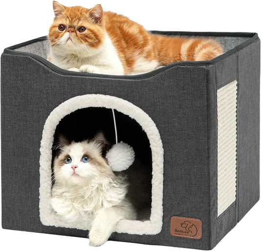 Bedsure Cat Beds for Indoor Cats - Large Cat Cave for Pet Cat House with Fluffy Ball Hanging and Scratch Pad, Foldable Cat Hideaway, 16.5x16.5x13 inches, Dark Grey - Pet Explorer