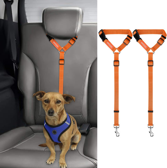 BWOGUE 2 Packs Dog Cat Safety Seat Belt Strap Car Headrest Restraint Adjustable Nylon Fabric Dog Restraints Vehicle Seatbelts Harness Orange - Pet Explorer
