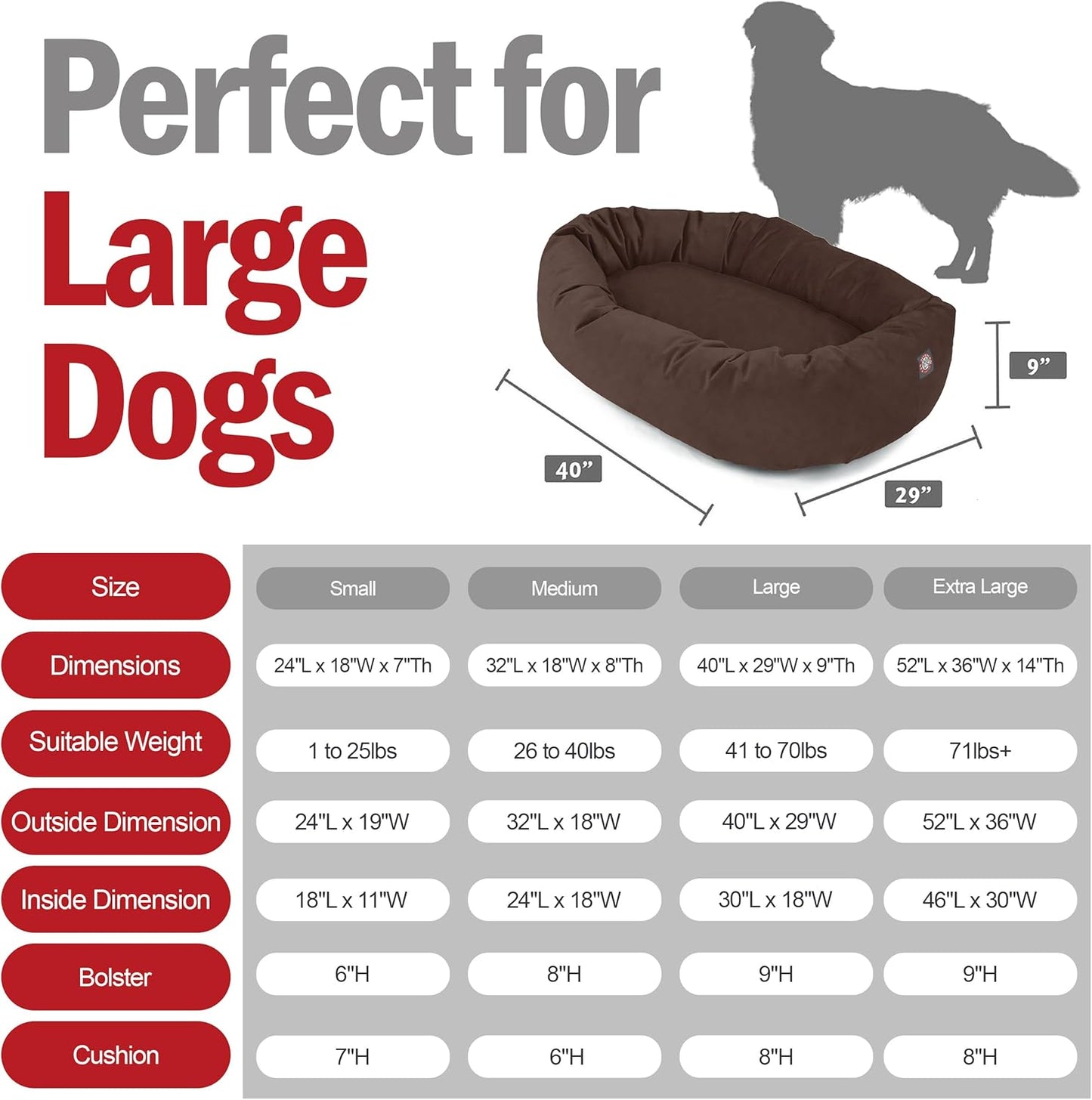 Majestic Pet 40 Inch Suede Shredded Memory Foam Mix Calming Large Dog Bed Washable 40 x 29 x 9 (Inch) - Cozy Soft Round Donut Dog Bed with Spine for Head Support - Pet Bed Chocolate - Pet Explorer
