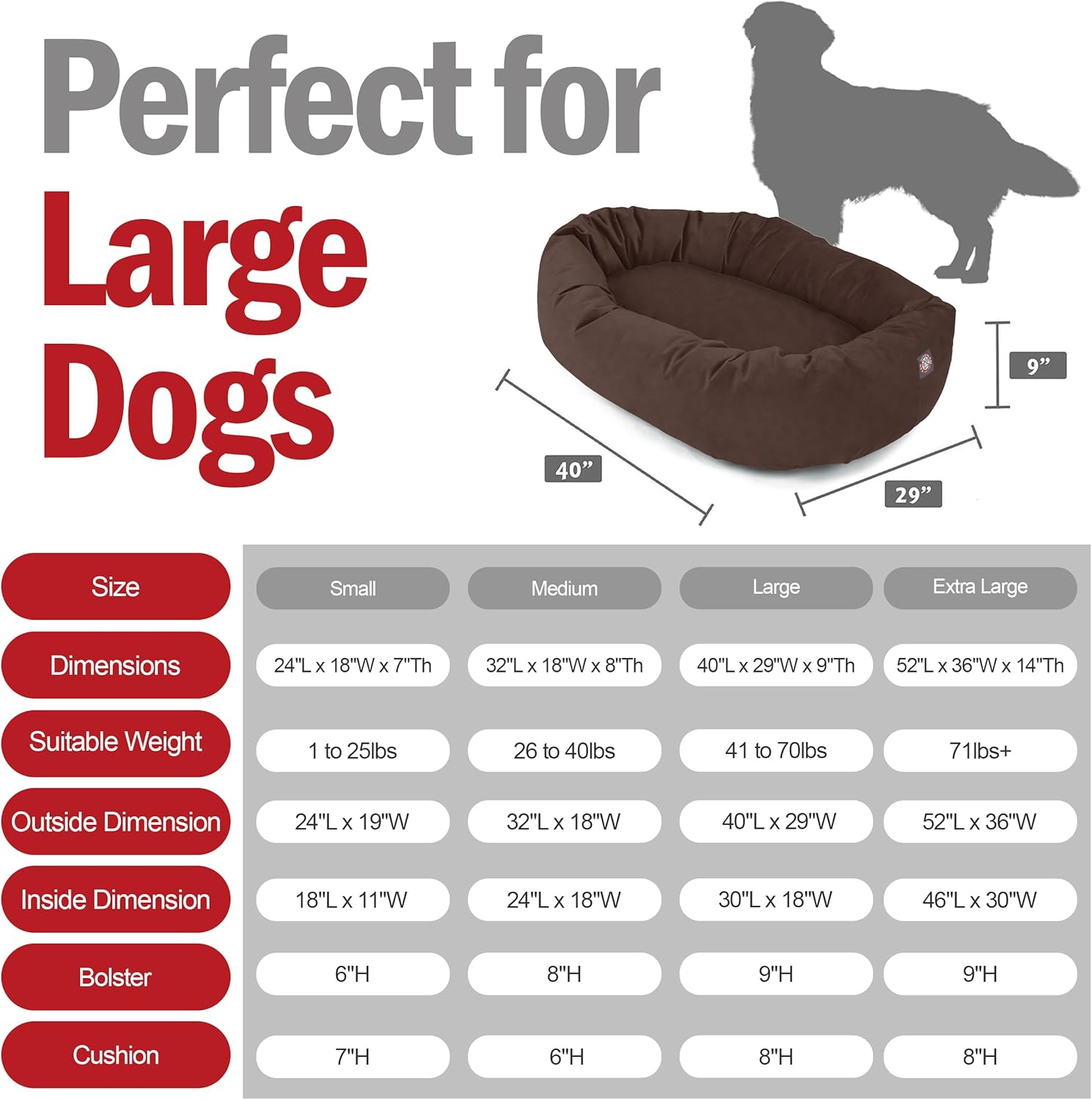 Majestic Pet 40 Inch Suede Shredded Memory Foam Mix Calming Large Dog Bed Washable 40 x 29 x 9 (Inch) - Cozy Soft Round Donut Dog Bed with Spine for Head Support - Pet Bed Chocolate - Pet Explorer