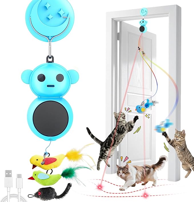 Interactive Cat Toys for Indoor Cats: 2 in 1 Laser Pointer Cat Toy with Automatic Flying Bird & Mouse Wand, Smart Motion Mode Adjustable Speed, USB Rechargeable Safe for Bored Kittens and Adult Cats