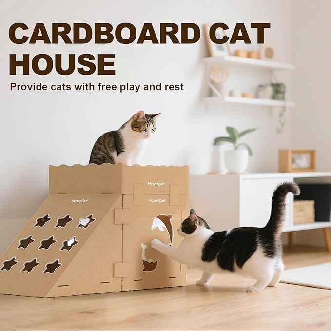 DIY Cardboard Cat House with Scratching Pad, Cat Tower Indoor Play House, Versatile Cardboard Cat Tunnel Box for One or More Pets, Indoor Use Rabbit Hideout Cave Castle Brown, 6 Parts