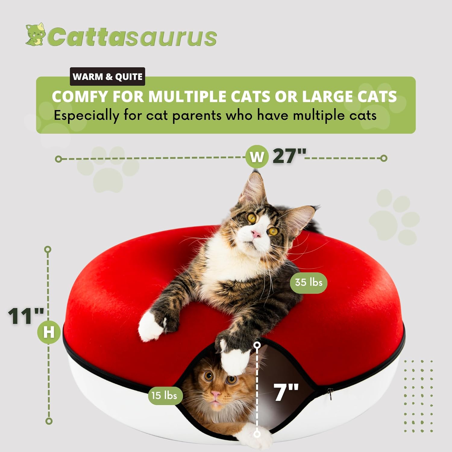 Cattasaurus Peekaboo Cat Cave, Extra Spacious for Multiple & Large Cats 12+ lbs, Scratch Detachable Cat Beds for Indoor Cats, Washable Tunnel Bed, Comfy Cat Donut Tunnel (Ruby Snowball, Jumbo) - Pet Explorer
