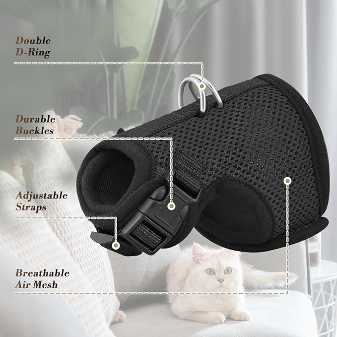 Athena Collection Adjustable Cat Harness with Velcro, Portable Small Sized Cat Vest Harness Breathable Comfy Escape Proof Cat Kitten Harness Pet Supplies for Outdoor Walking, Training, Black