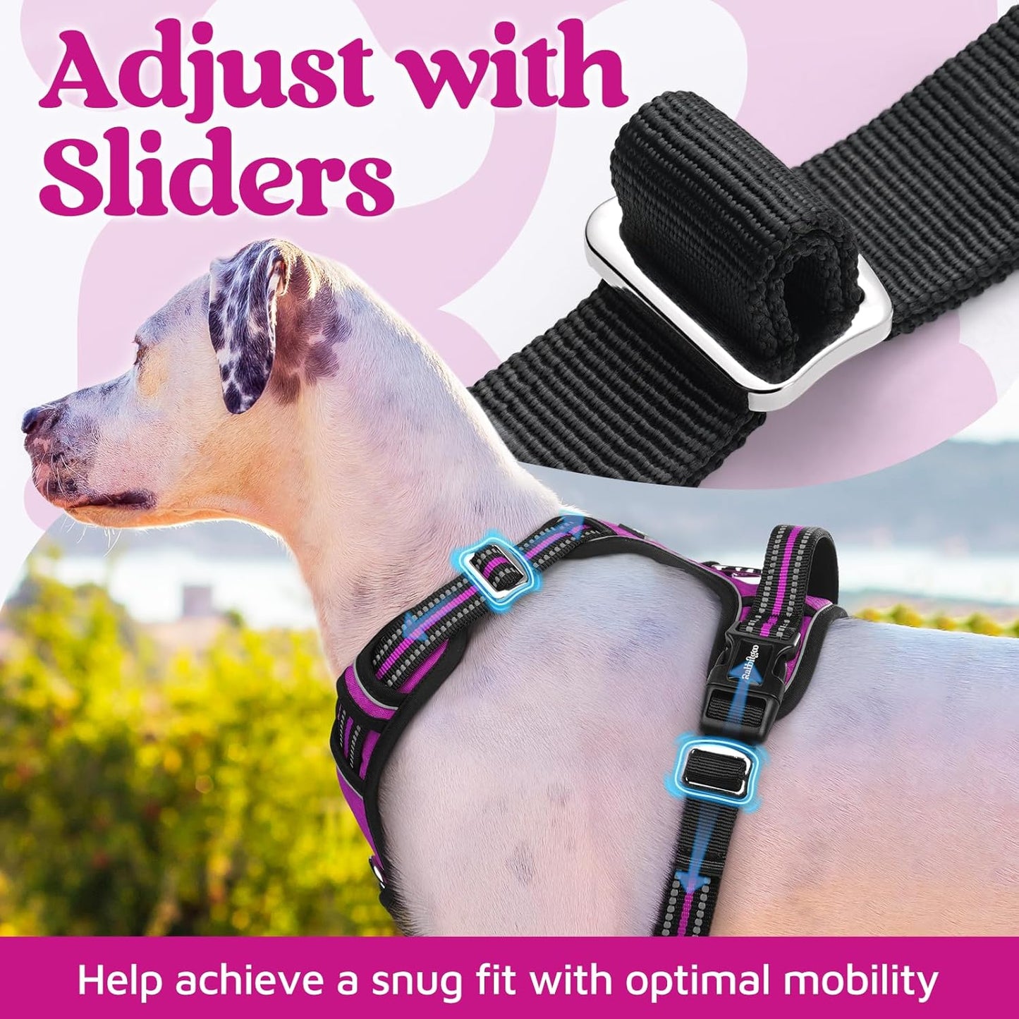 rabbitgoo Dog Harness for Large Dogs, No Pull Pet Vest with 3 Buckles, Adjustable Soft Padded Pet Harness with Easy Control Handle and Reflective Strips, Purple, XL