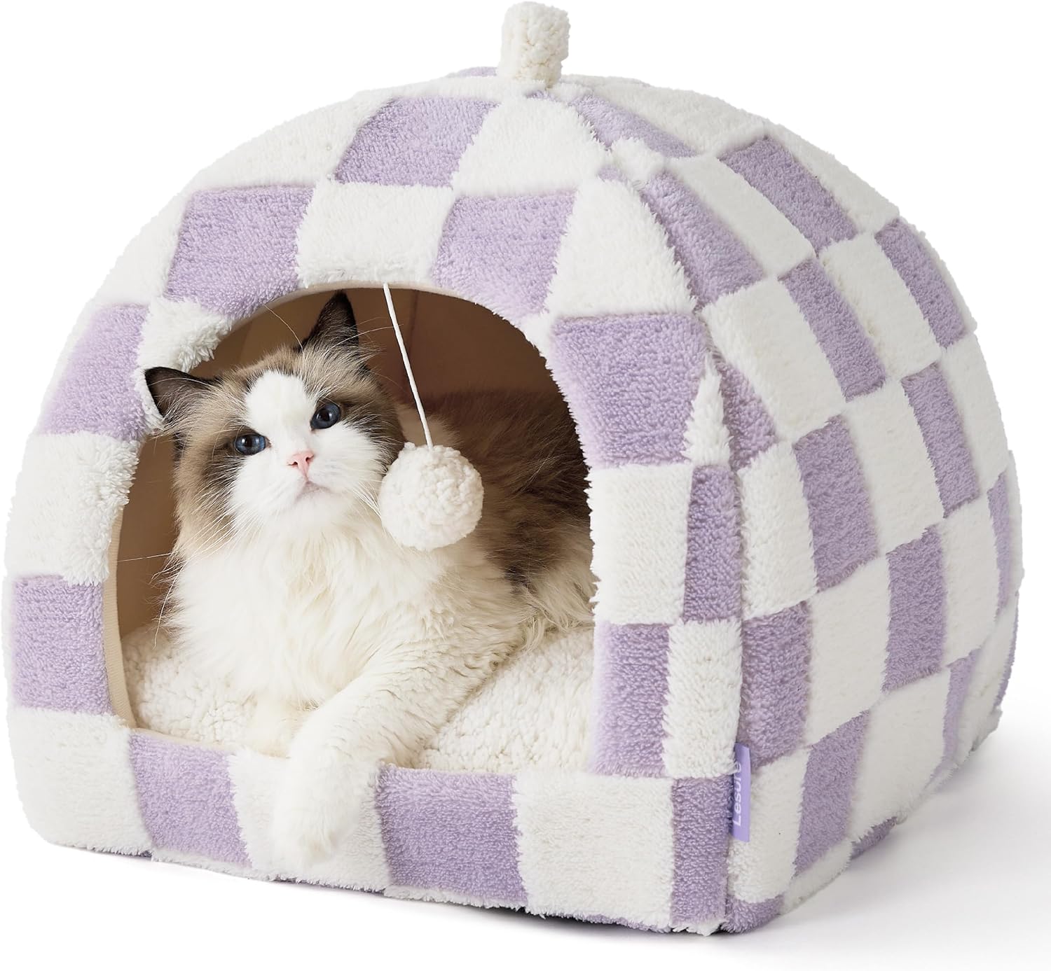 Lesure Cute Cat Beds for Indoor Cats - 2 in 1 Large Cat Cave Bed with Removable Washable Cushioned Pillow, Cozy Kitten with Non-Slip Bottom, Purple, 17.3 inches - Pet Explorer