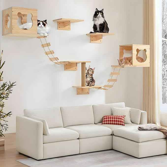 Cat Wall Shelves and Perches, Pine Wooden Cat Wall Furniture Climbing Shelves with Climber, Condo, Scratching Post, Ladder & Platform