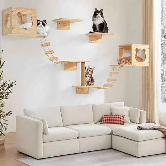 Cat Wall Shelves and Perches, Pine Wooden Cat Wall Furniture Climbing Shelves with Climber, Condo, Scratching Post, Ladder & Platform