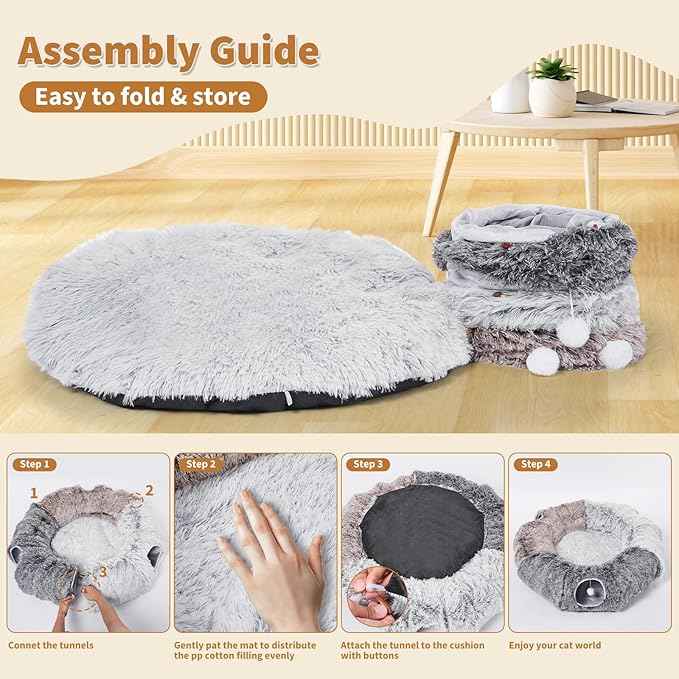 Odoland Large Cats Tunnels for Indoor Cats Fluffy Warm Cat Bed and Detachable Cave Tunnels with 20 Pet Toys, Donut Tunnel and Variety Kitten Toy Set for Chewing Playing