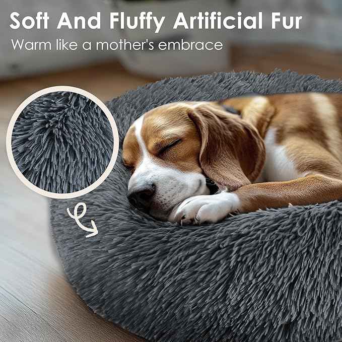 Hoewina Dog & Cat Bed, 20in Cat Beds for Indoor Cats, Calming Donut Bed for Puppy and Kitten, Washable Round Fluffy Pet Bed for Small Medium Dogs and Cats (Dark Grey)