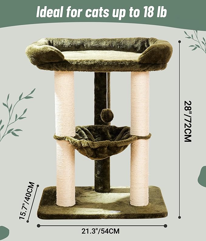 Happi N Pets 28" Cat Tree Tower, Tall Cat Scratching Post with Soft Perch for Window Viewing, Large Bed for Big Cats, Stable & Compact Cat Tower with Hammock, Removable Cover-Green