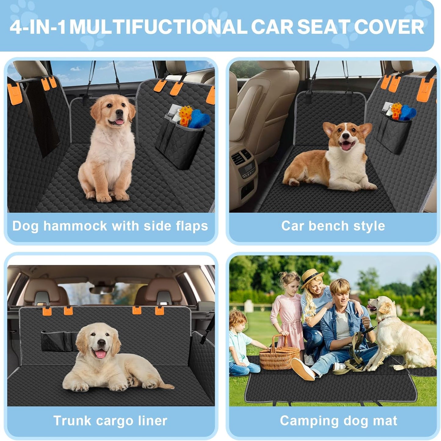 Dog Car Seat Cover for Back Seat, Waterproof Protector with Side Flaps, Scratchproof Hammock, Non-Slip Bottom for Cars/Trucks/SUVs (Black+Grey) - Pet Explorer