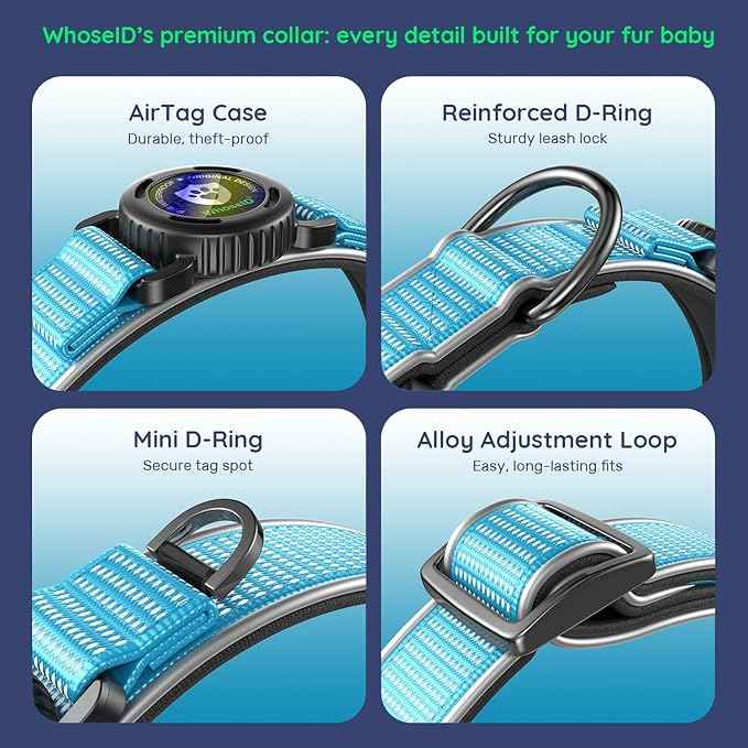 WhoseID Premium Dog Collar for Large Dogs - IPX8 Waterproof AirTag Dog Collar | Magnetic Buckle Heavy Duty Collar | 450LB Escape-Proof | Reflective Dog Collar with AirTag Holder