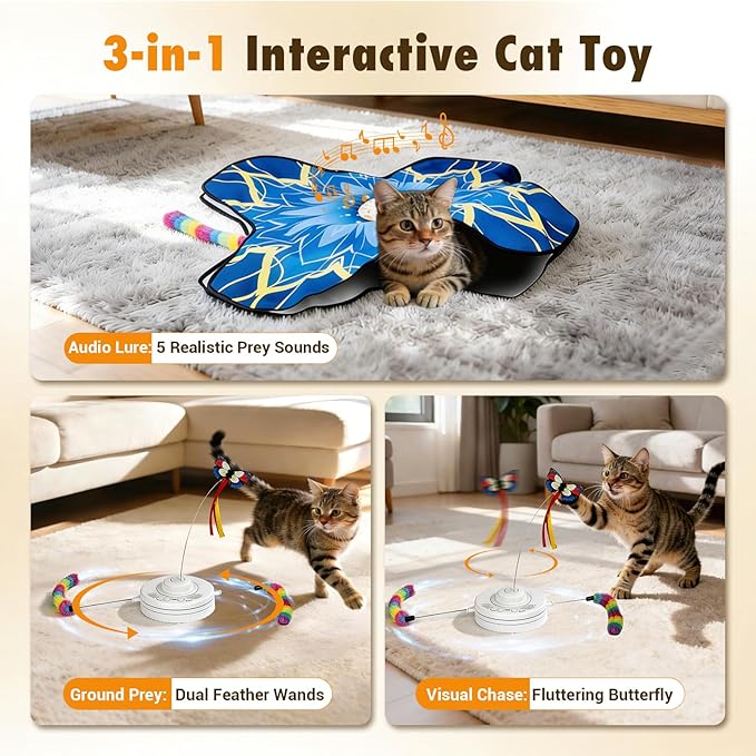 Interactive Cat Toys for Indoor Cats, 3-in-1 Hide and Seek Cat Toy with Fluttering Butterfly & Moving Concealed Feathers, 3 Prey Sounds, Rechargeable Auto Play Mat for Bored Adult Cats/Kittens (Blue)