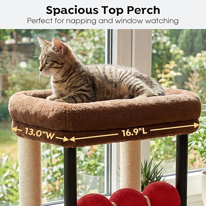 Veehoo Small Cat Tree, Cat Scratching Post with 17"x13" Wide Top Bed, 20.5" Sturdy Cats Tower with Natural Sisal Scratch Posts & Rotatable Balls for Small Spaces, Kittens