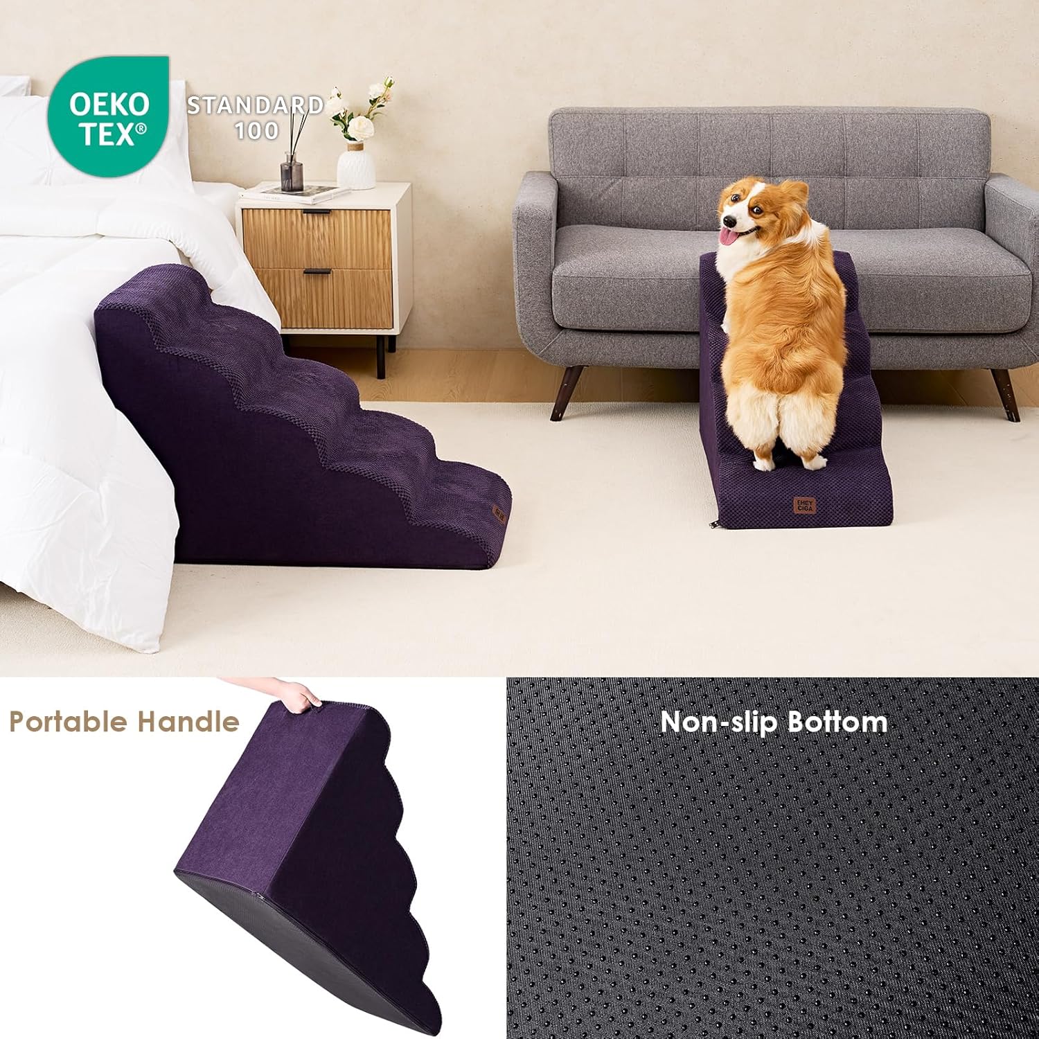 EHEYCIGA Curved Dog Stairs Ramp for High Beds 19.7" H, 4-Step Dog Steps for Small Dogs and Cats, Pet Stairs for High Bed Climbing, Non-Slip Balanced Pet Step Indoor, Purple - Pet Explorer