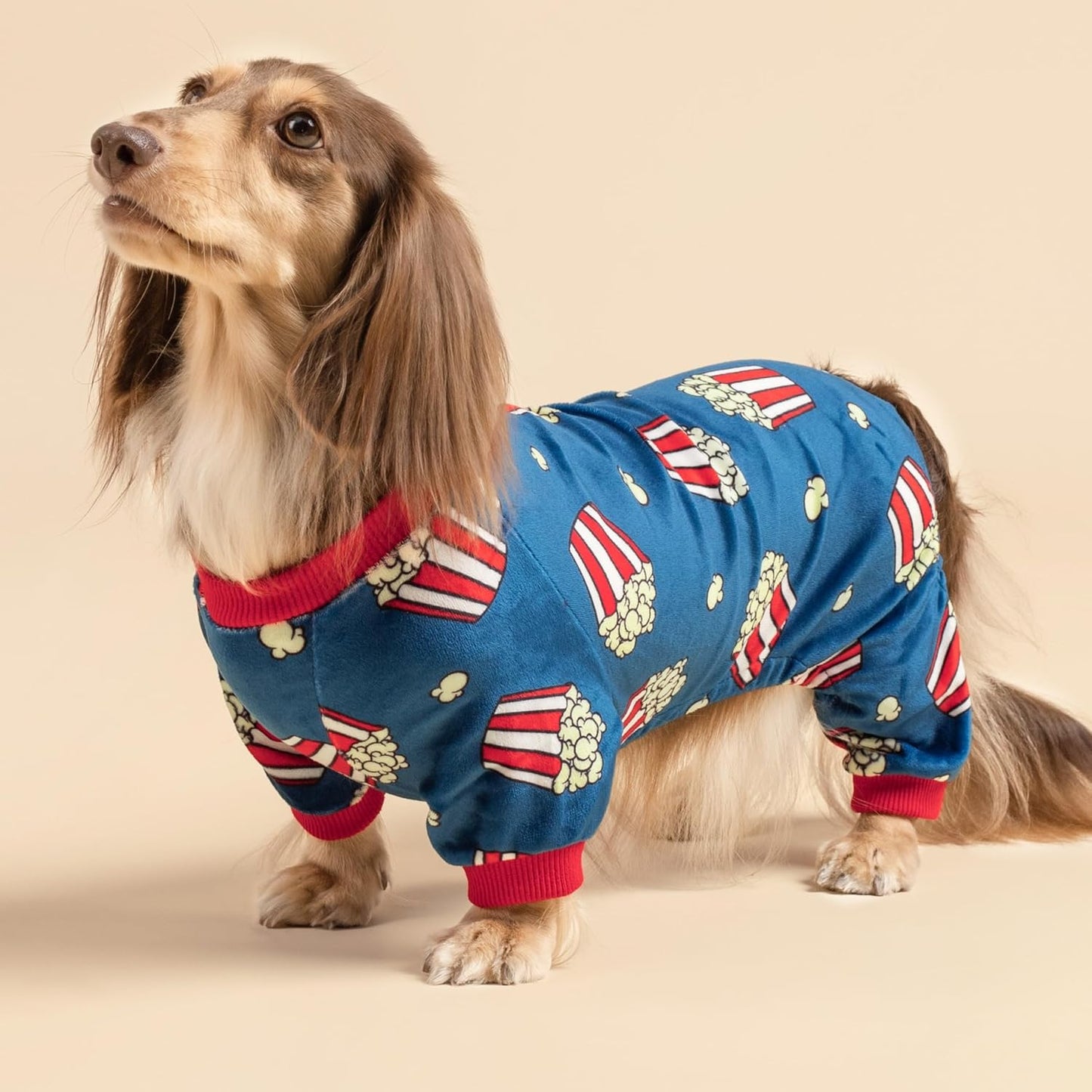 Fitwarm Popcorn Dog Pajamas, Funny Dog Clothes for Small Dogs Boy Girl, Fleece Pet Onesie with Feet, Blue, Red, White, Yellow, XL