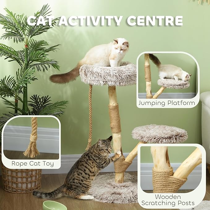 PawHut Cat Tree Tower, 35 Inch Modern Cat Tree for Indoor Adult Cats with Wooden Natural Branch Scratching Posts, Cat Bed & Rope Cat Toy, Brown