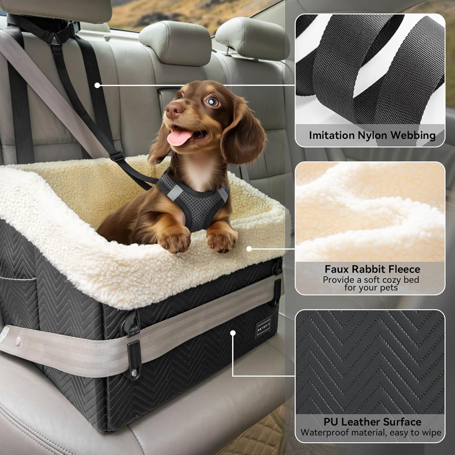 PETSFIT Small Dog Car Seat, Waterproof PU Leather Dog Booster Car Seat with Patented Safe Buckles, Detachable Dogs Seat Belt for Car, Dog Car Seat Medium Sized Dog up to 30 lbs (Black) - Pet Explorer
