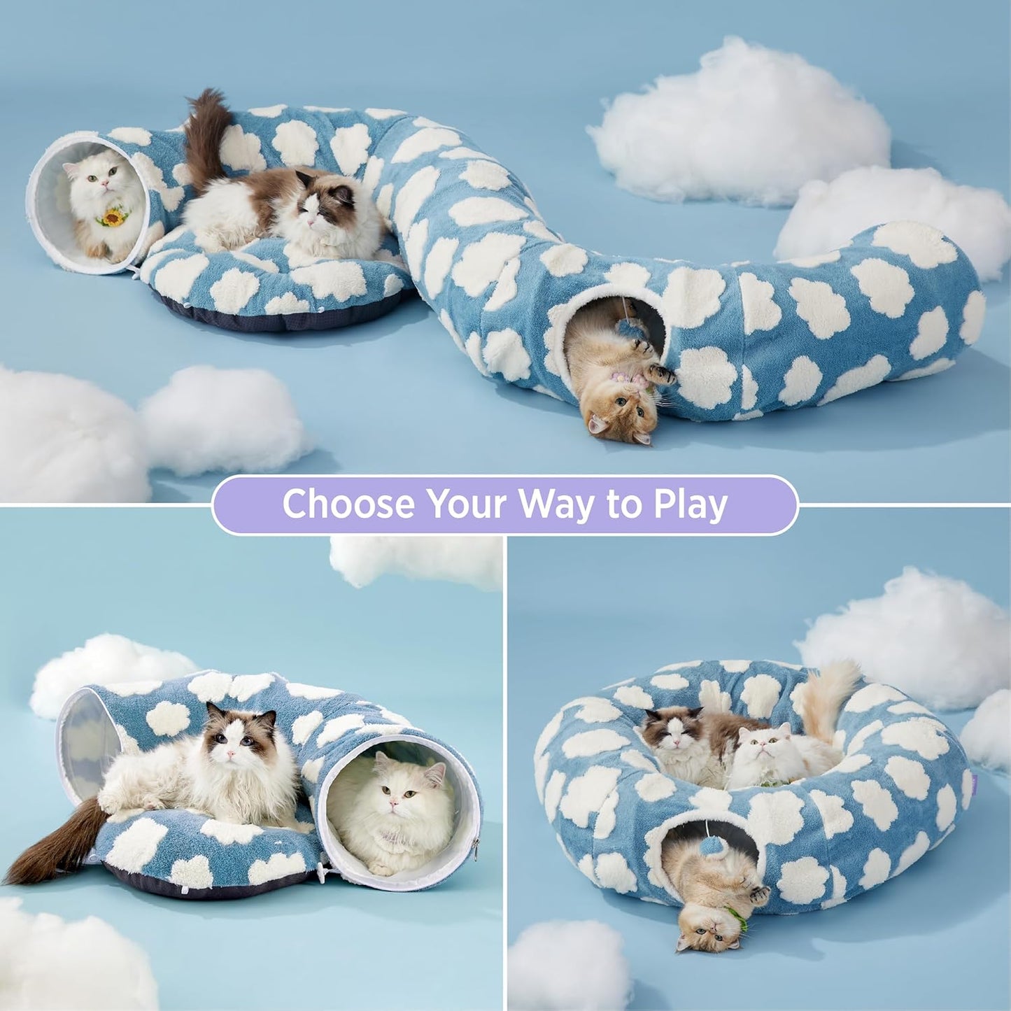 Lesure Large Cat Tunnel Bed - Cute Donut Bed for Indoor Cats with Washable Circle Cushion, Round Pet Peekaboo Cave Toy for Multi Kitten/Puppy/Rabbit, Large Blue - Pet Explorer