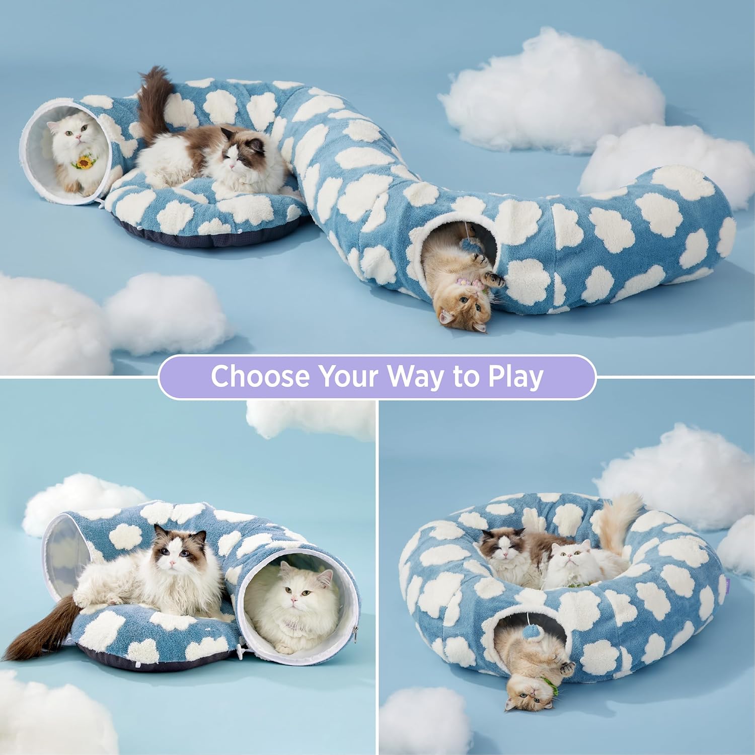 Lesure Large Cat Tunnel Bed - Cute Donut Bed for Indoor Cats with Washable Circle Cushion, Round Pet Peekaboo Cave Toy for Multi Kitten/Puppy/Rabbit, Large Blue - Pet Explorer