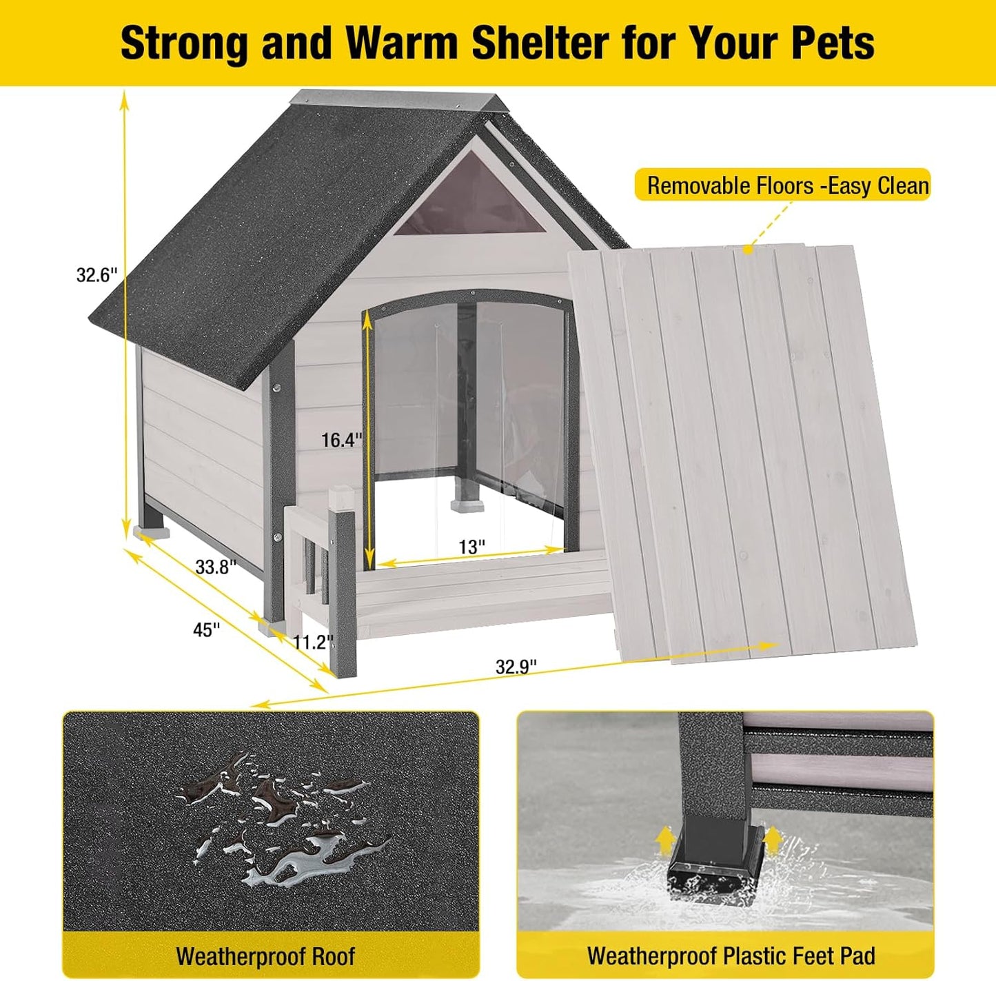 Aivituvin Dog House Outdoor with Metal Frame, Dog Kennel Outside for Small to Medium Breed, 45" Weatherproof Large Dog Shelter with Anti-Chewing Iron Frame, White (45" D x 32.9" W x 32.6" H) - Pet Explorer