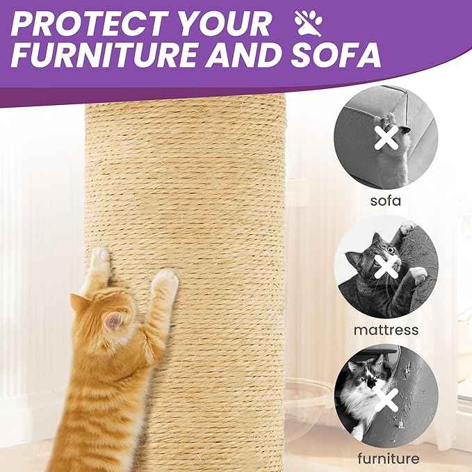 58in Large Cat Tree Tower for Indoor Cats with Soft Plush Hang Ball, Two Condos, Sisal Scratch Posts & Rope Play for Kittens/Adult Cats, Purple